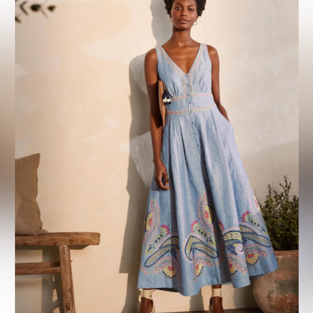Embroidered Jemima Linen Blue Dress - Sleeveless.